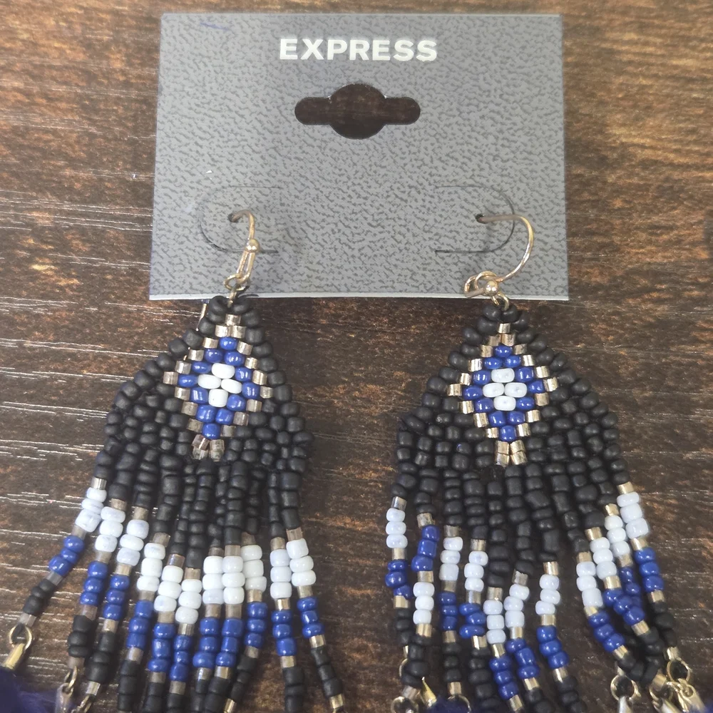 Express Blue Seed Bead Feather Earrings - Picture 2 of 6